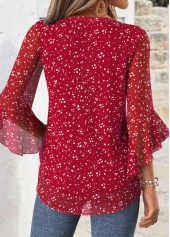 Red Floral Print 3/4 Sleeve Split Neck Blouse | thumb picture 