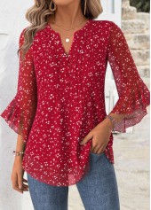 Red Floral Print 3/4 Sleeve Split Neck Blouse