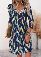 Navy Leaf Print Short Long Sleeve Split Neck Dress