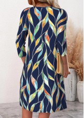 Navy Leaf Print Short Long Sleeve Split Neck Dress | thumb picture 