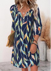 Navy Leaf Print Short Long Sleeve Split Neck Dress | thumb picture 