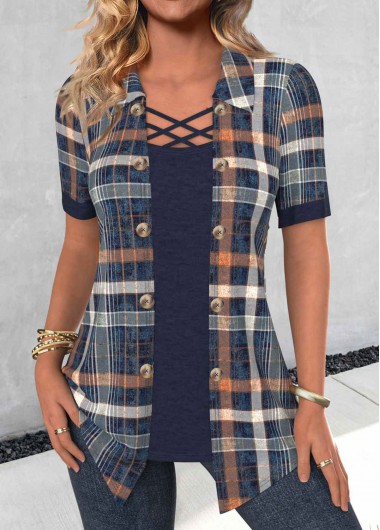 women clothes image of Navy Fake 2in1 Plaid Short Sleeve Shirt