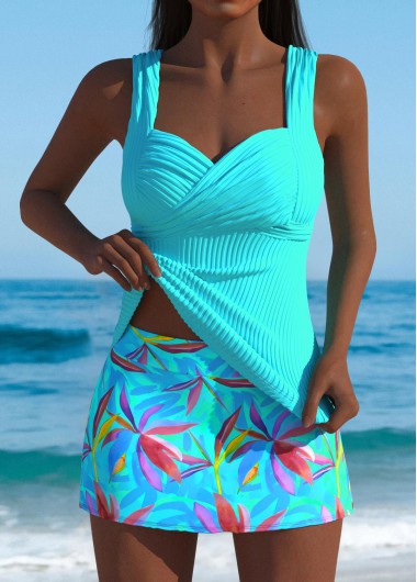 women clothes image of Mid Waisted Leaf Print Cyan Tankini Set