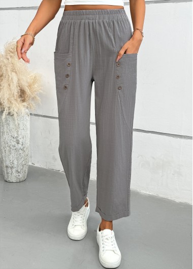 women clothes image of Light Grey Straight Leg Elastic Waist Mid Waisted Pants