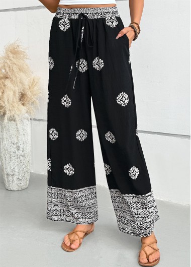 women clothes image of Black Tribal Print Wide Leg Elastic Waist Pants