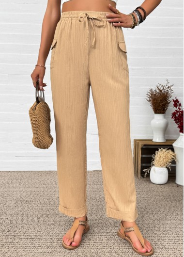 women clothes image of Dark Camel Straight Leg Elastic Waist High Waisted Pants