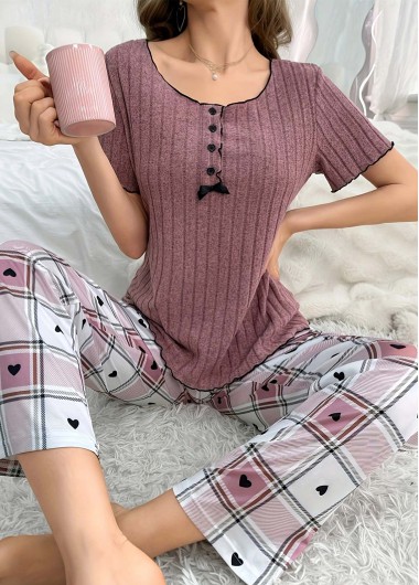 women clothes image of Dark Reddish Purple Plaid Lounge Top and Pants