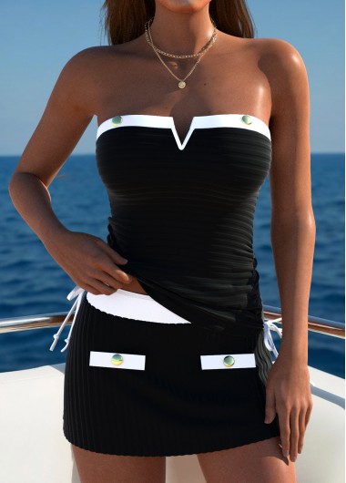women clothes image of Mid Waisted Black Bandeau Tankini Set