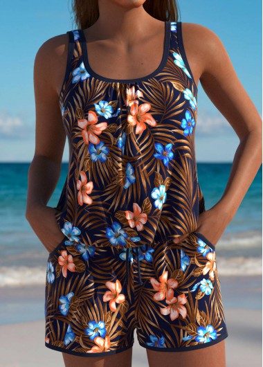 women clothes image of Floral Print Dark Coffee One Piece Swimwear