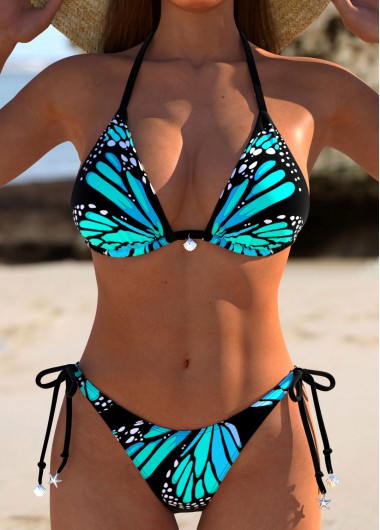 women clothes image of Low Waisted Butterfly Print Blue Bikini Set
