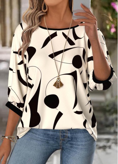women clothes image of Beige Geometric Print 3/4 Sleeve Round Neck Blouse