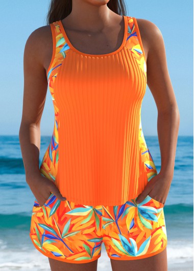 women clothes image of Mid Waisted Leaf Print Orange Tankini Set