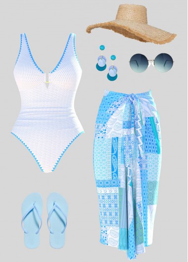women clothes image of Tribal Print Light Blue One Piece Swimwear and Sarong