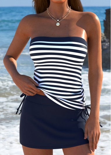 women clothes image of Mid Waisted Striped Navy Tankini Set
