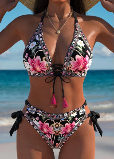 women clothes image of Mid Waisted Floral Print Black Bikini Set
