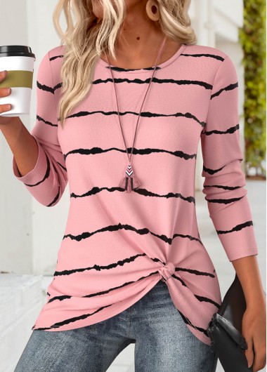 women clothes image of Pink Tummy Coverage Striped Long Sleeve T Shirt
