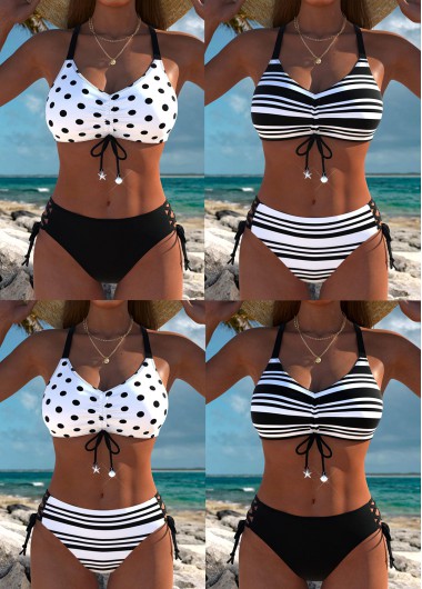 women clothes image of Mid Waisted Reversible Striped Black Bikini Set