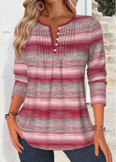 women clothes image of Multi Color Tuck Stitch Striped Long Sleeve Blouse