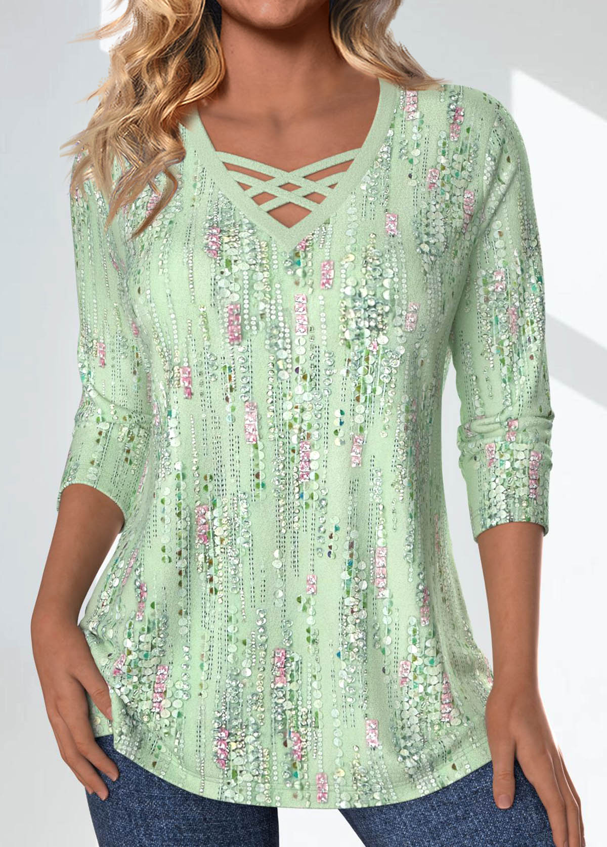 Modlily Light Green Criss Cross Geometric Printed Non-sequined T Shirt - XXL