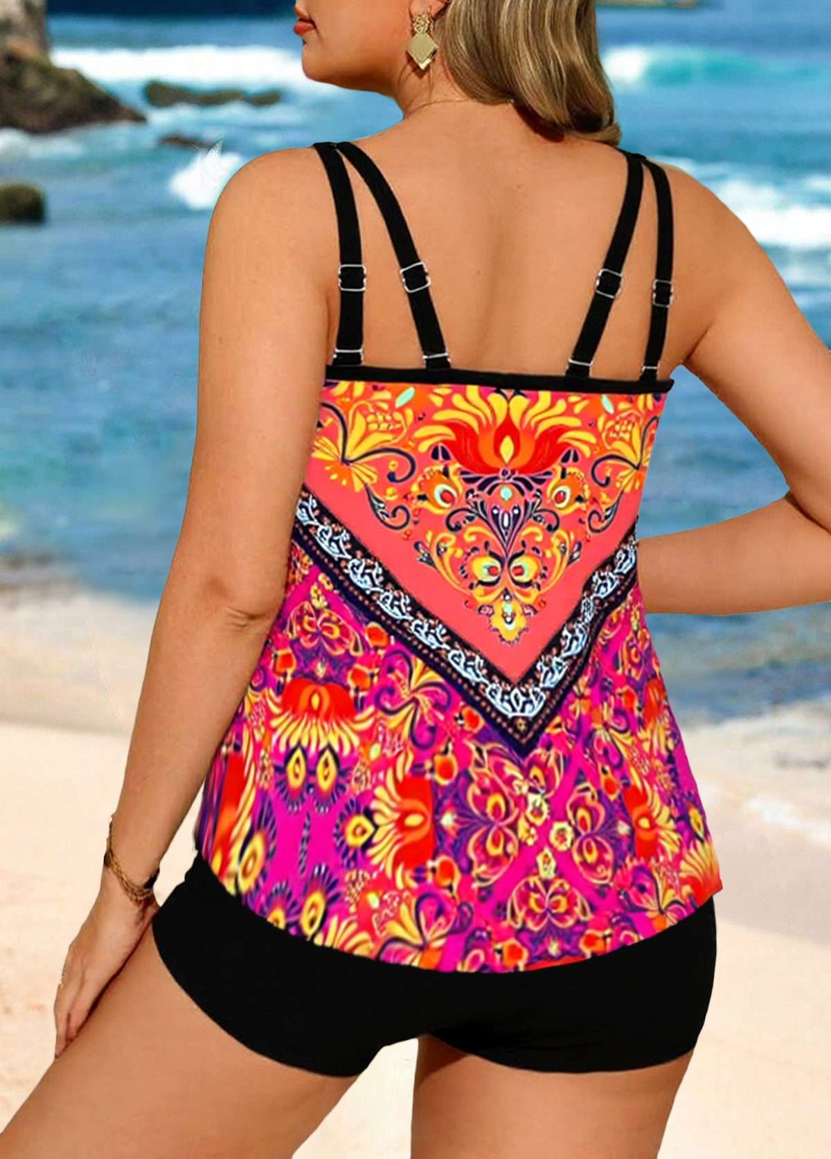 Plus Size Bowknot Multi Color Tribal Print Tankini Set | picture 