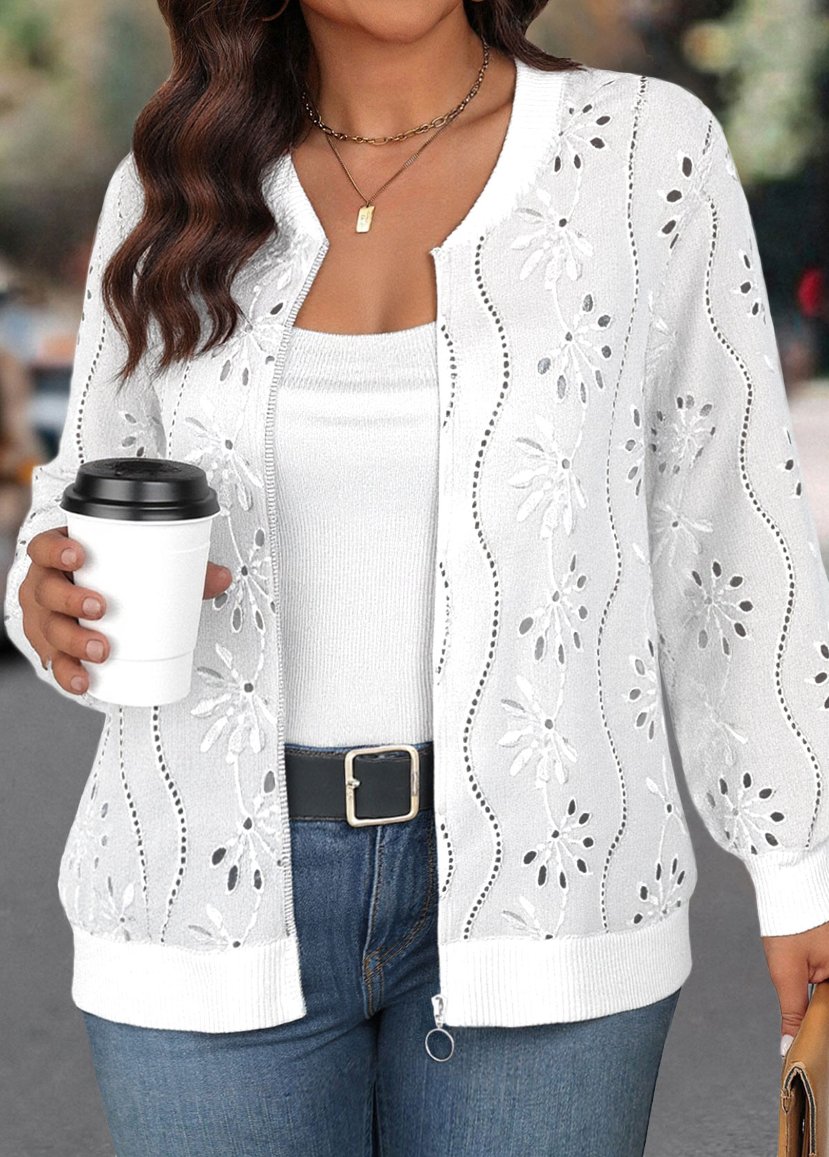 Plus Size White Jacquard Long Sleeve Track Jacket | picture 