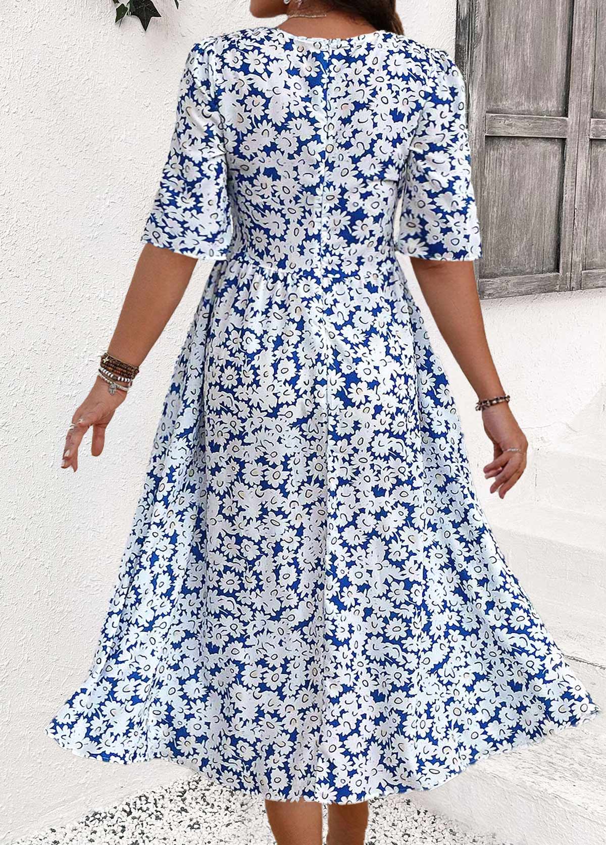 Plus Size Blue Smocked Ditsy Floral Print Dress | picture 