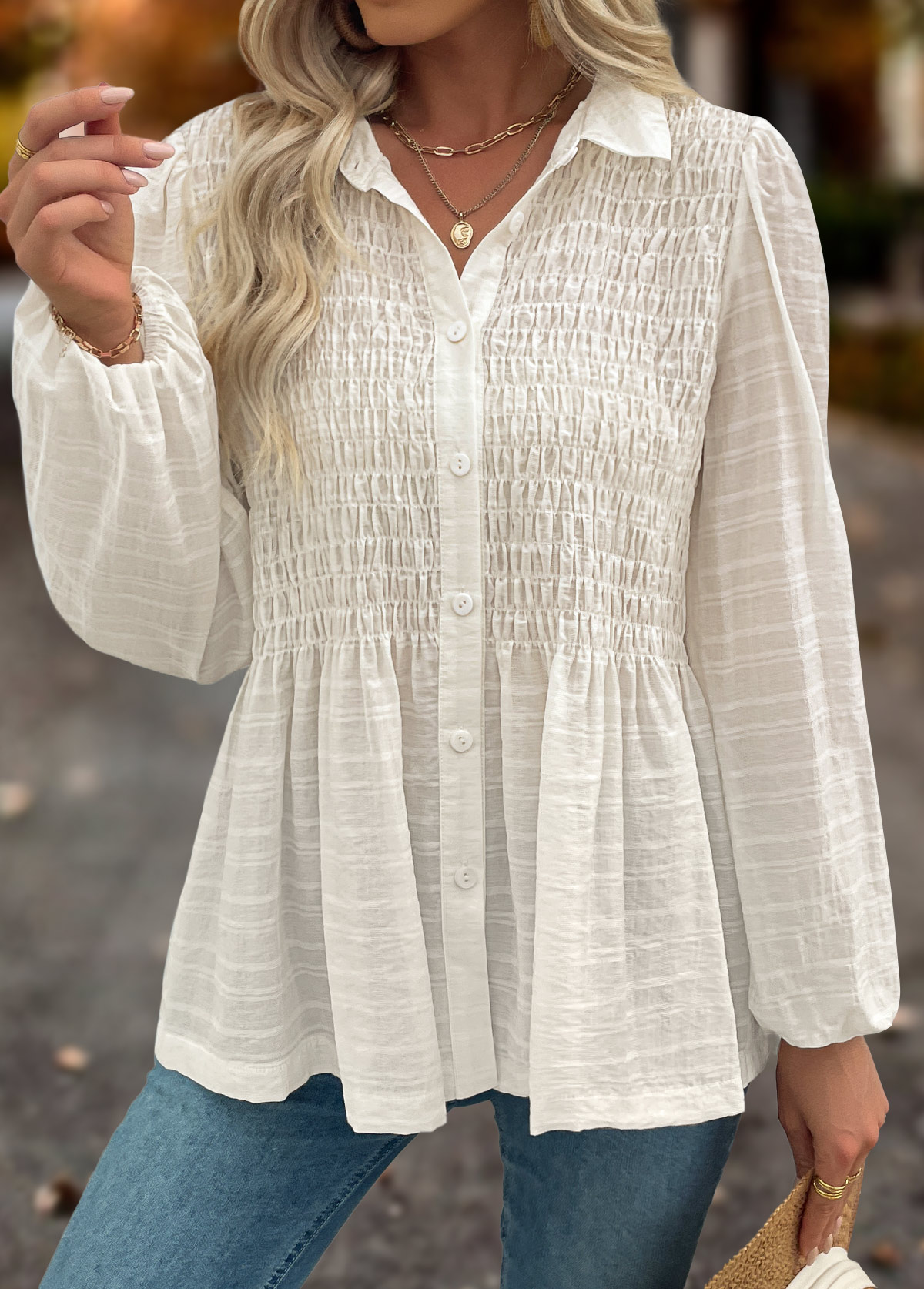 Beige Tummy Coverage Long Sleeve Shirt Collar Blouse | picture 