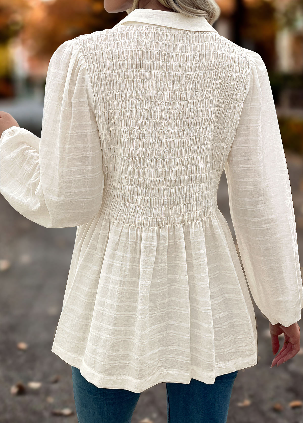 Beige Tummy Coverage Long Sleeve Shirt Collar Blouse | picture 