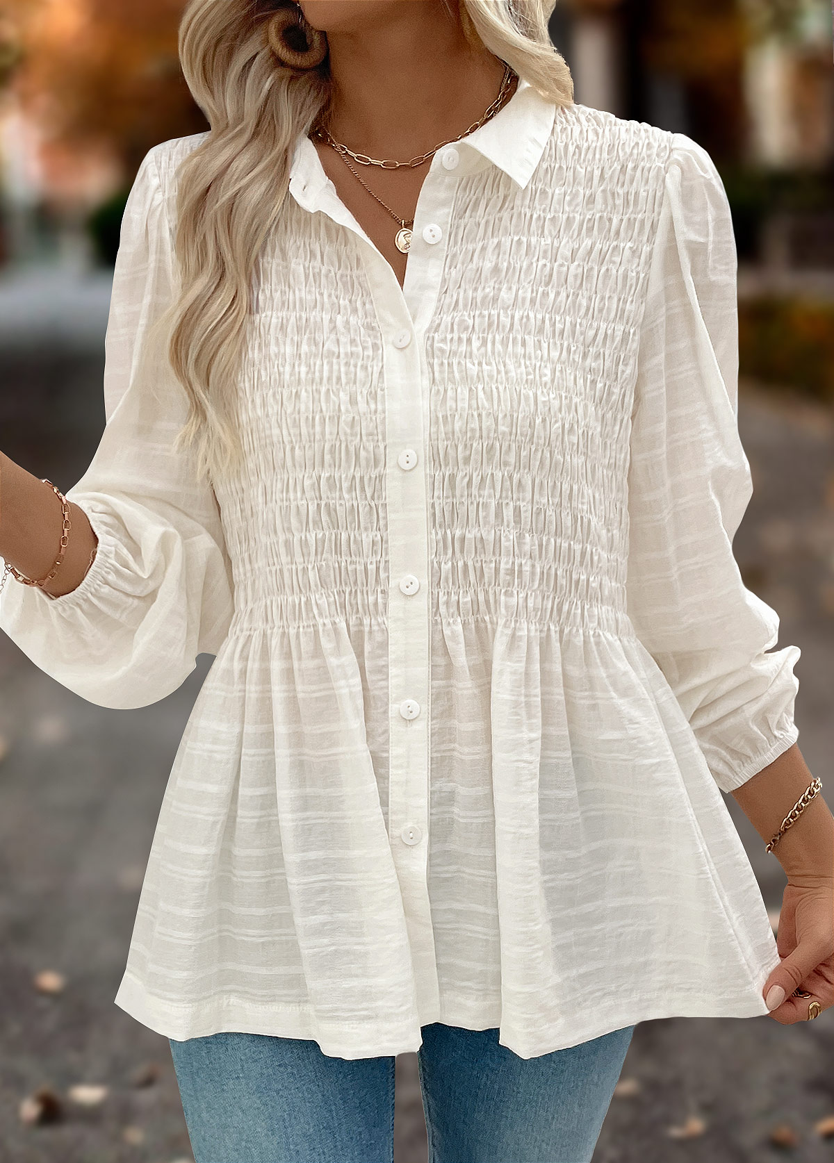 Beige Tummy Coverage Long Sleeve Shirt Collar Blouse | picture 