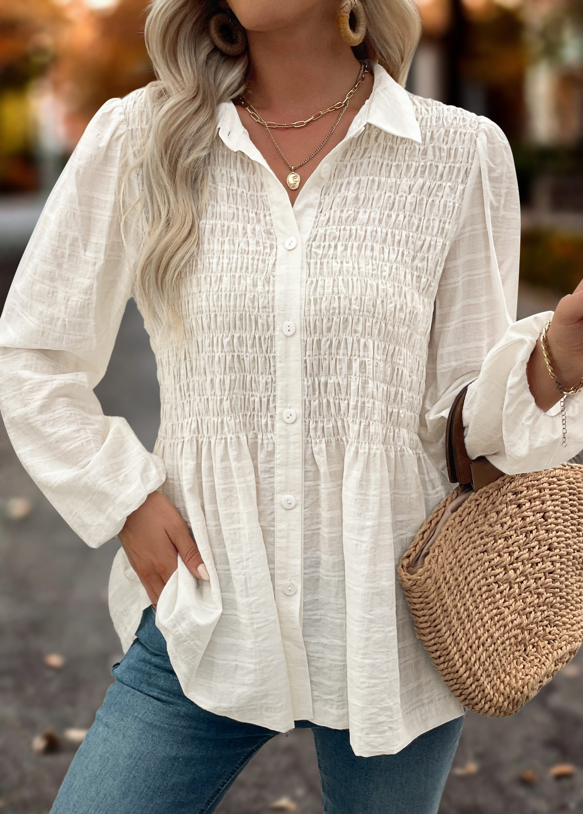 Beige Tummy Coverage Long Sleeve Shirt Collar Blouse | picture 