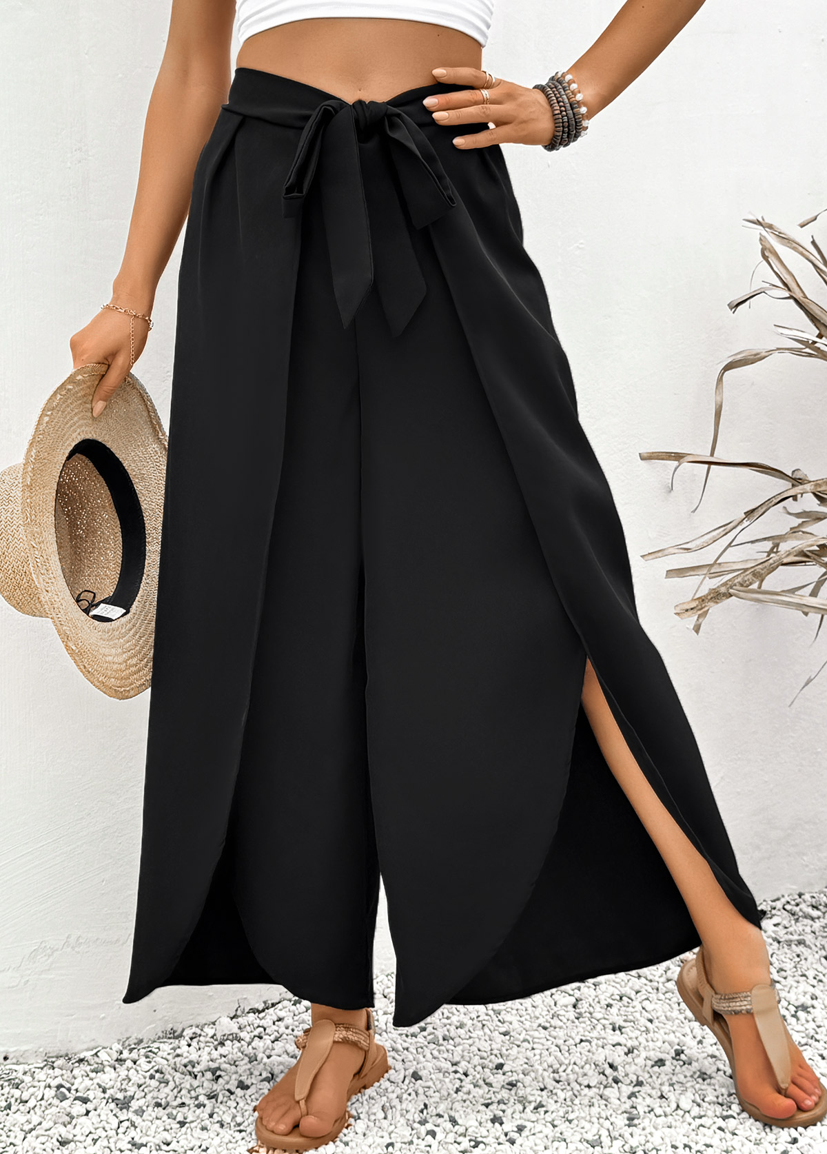 Black Flare Leg Elastic Waist High Waisted Pants | picture 