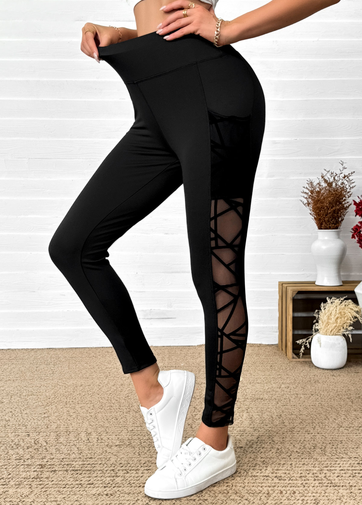 Modlily Black Mesh Criss Cross Panel High Waisted Leggings - S
