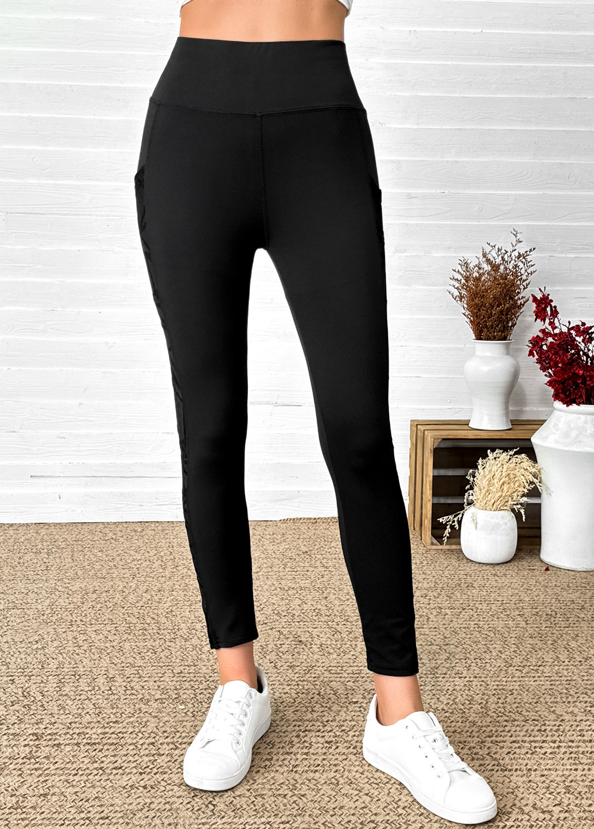 Black High Waisted Ankle Length Elastic Waist Leggings | picture 