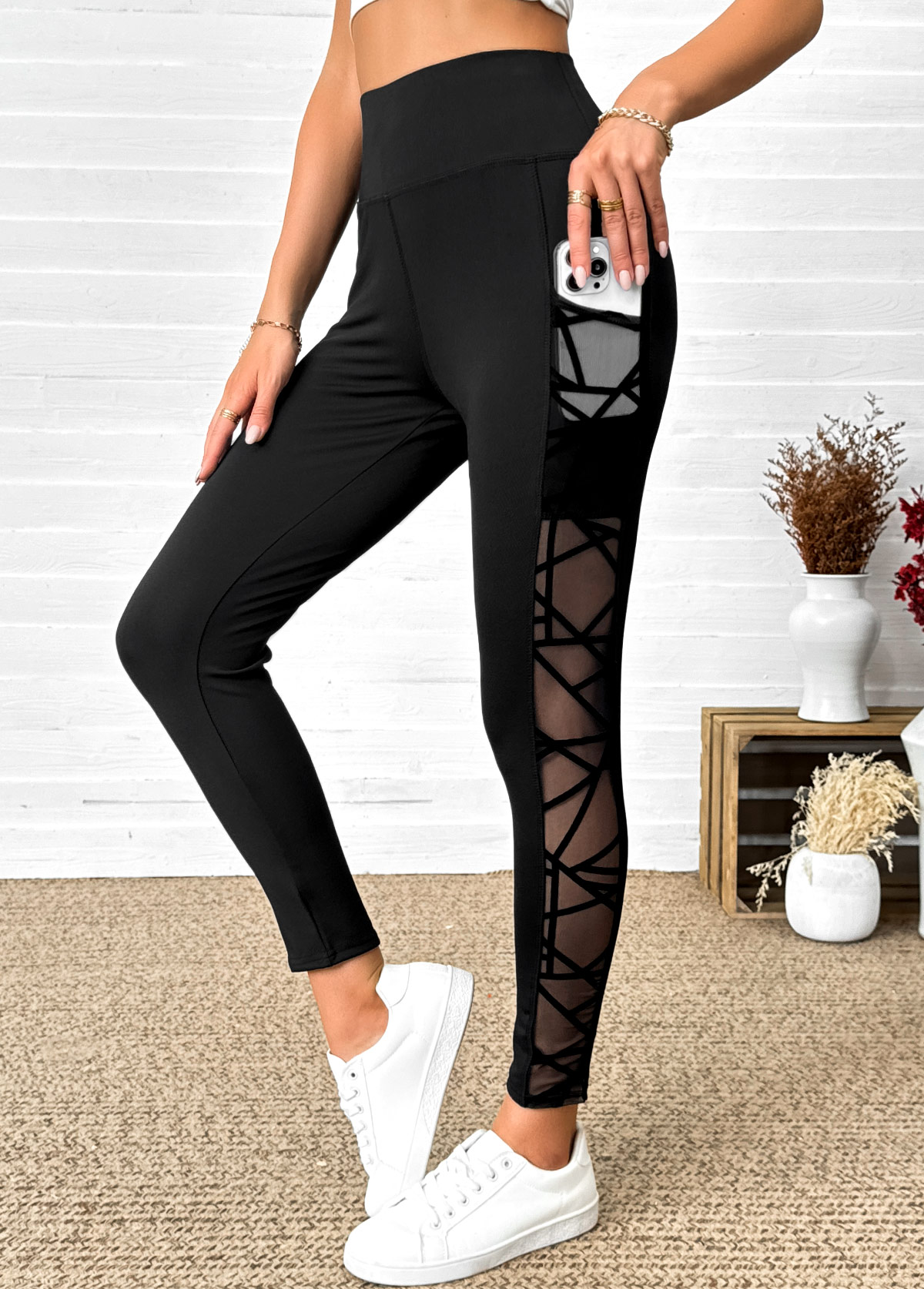 Black High Waisted Ankle Length Elastic Waist Leggings | picture 