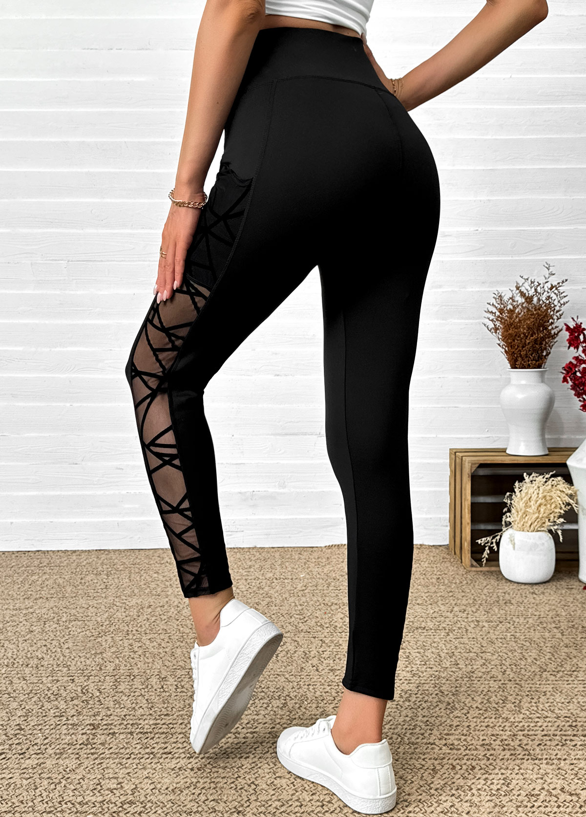 Black High Waisted Ankle Length Elastic Waist Leggings | picture 