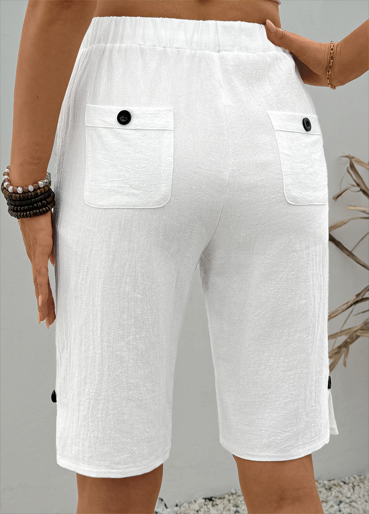 White Straight Leg Elastic Waist High Waisted Shorts | picture 