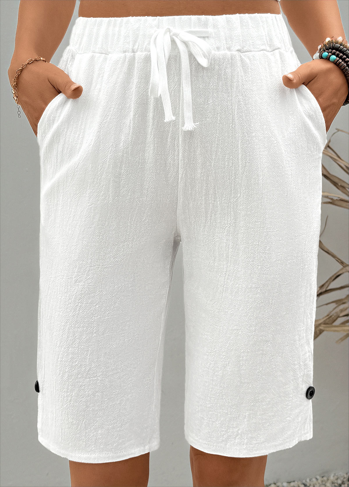 White Straight Leg Elastic Waist High Waisted Shorts | picture 