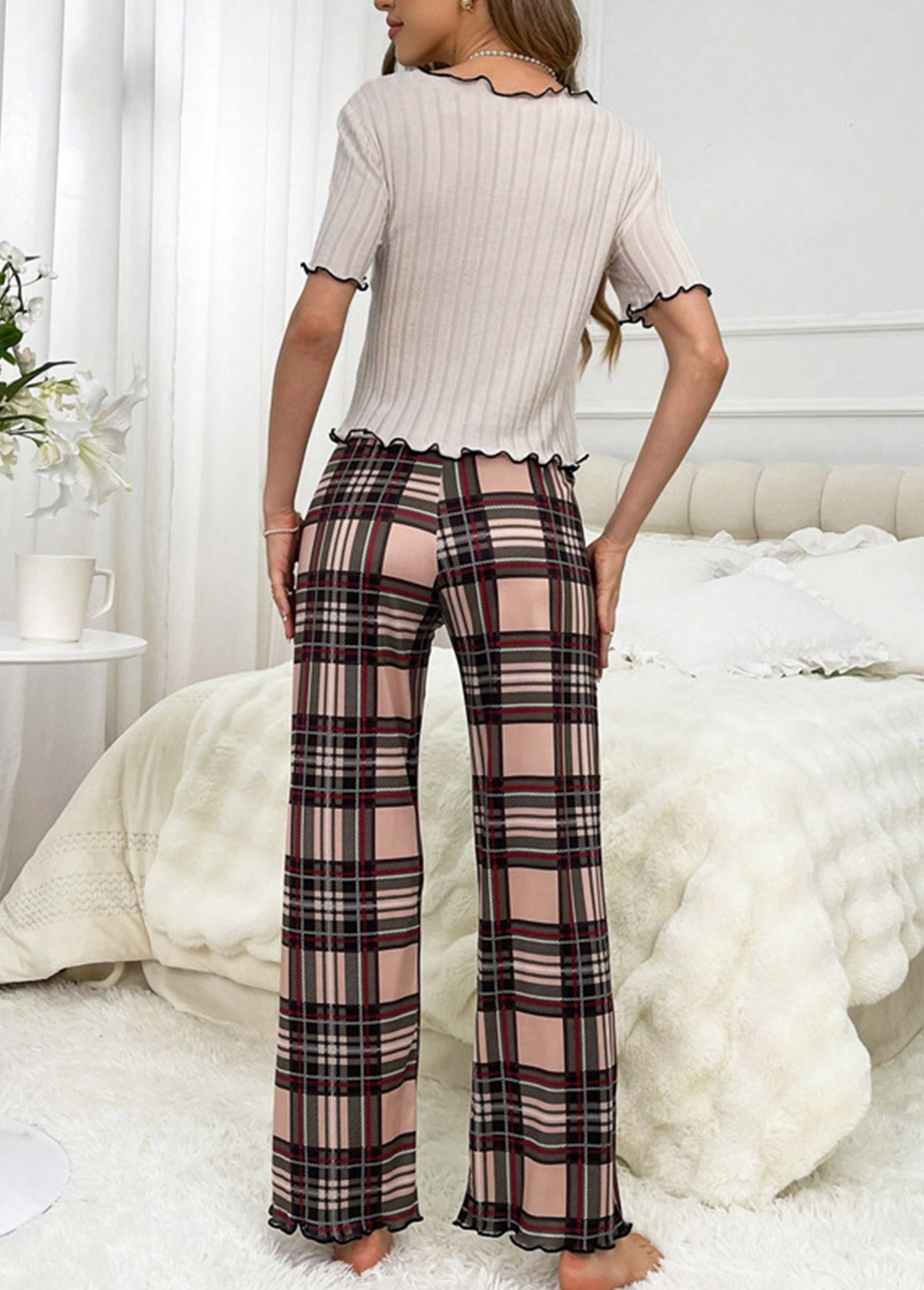 Light Coffee Plaid Short Sleeve Lounge Top and Pants | picture 