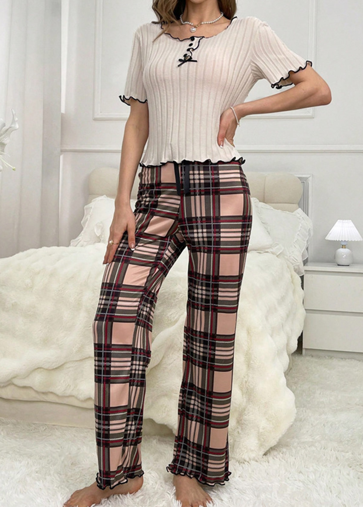Light Coffee Plaid Short Sleeve Lounge Top and Pants | picture 