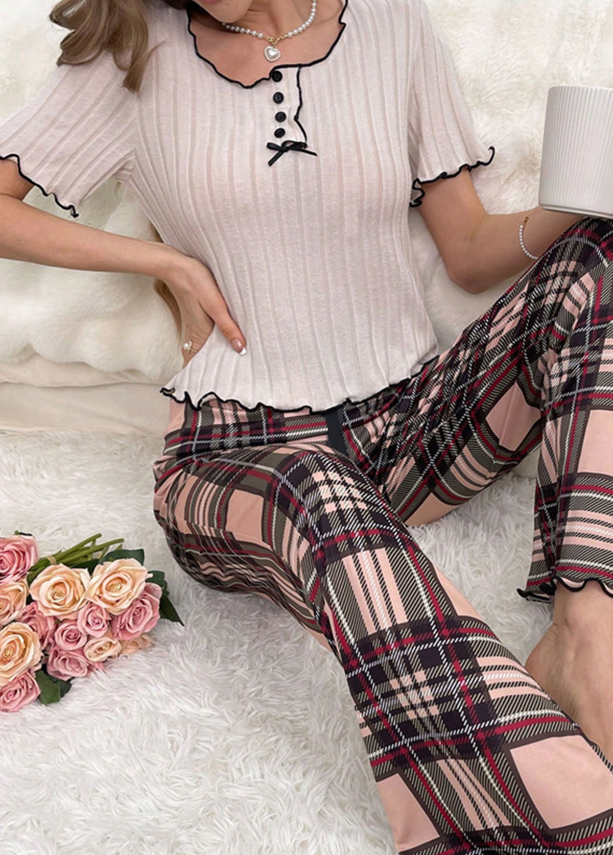 Light Coffee Plaid Short Sleeve Lounge Top and Pants | picture 