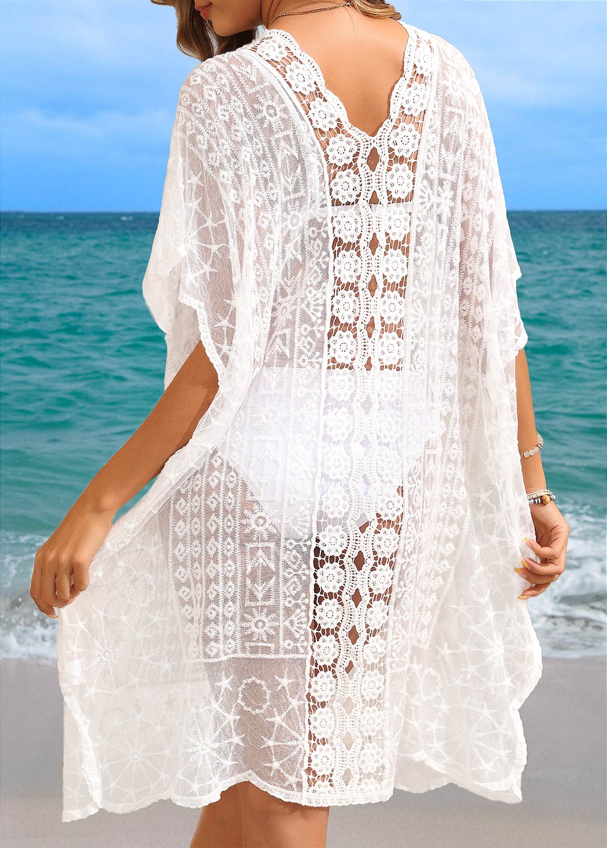 Patchwork White V Neck Lace Cover Up | picture 