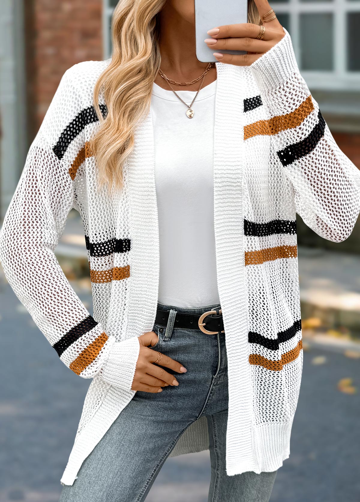 White Long Striped Drop Sleeve Cardigan | picture 