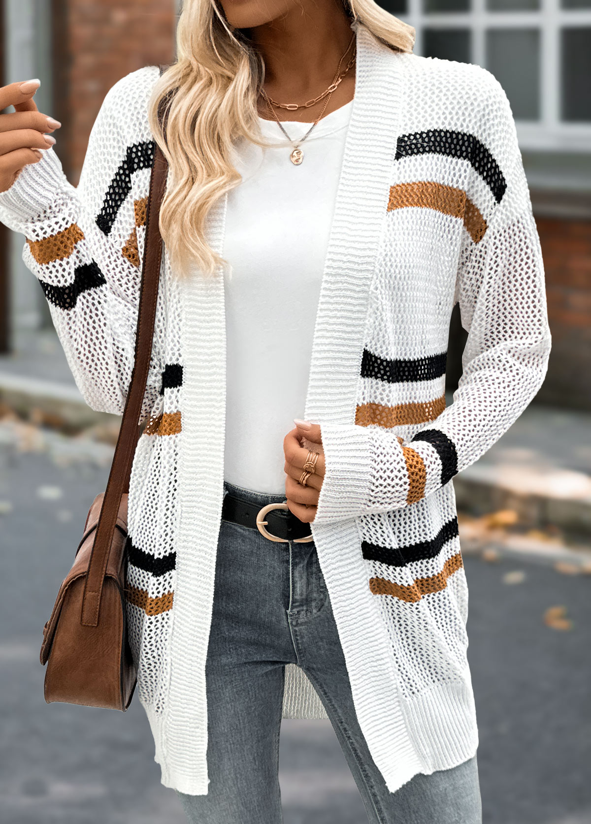 White Long Striped Drop Sleeve Cardigan | picture 