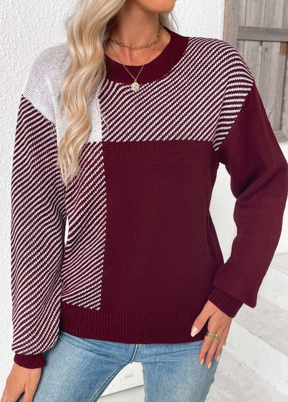 Deep Red Tummy Coverage Striped Long Sleeve Sweater | picture 