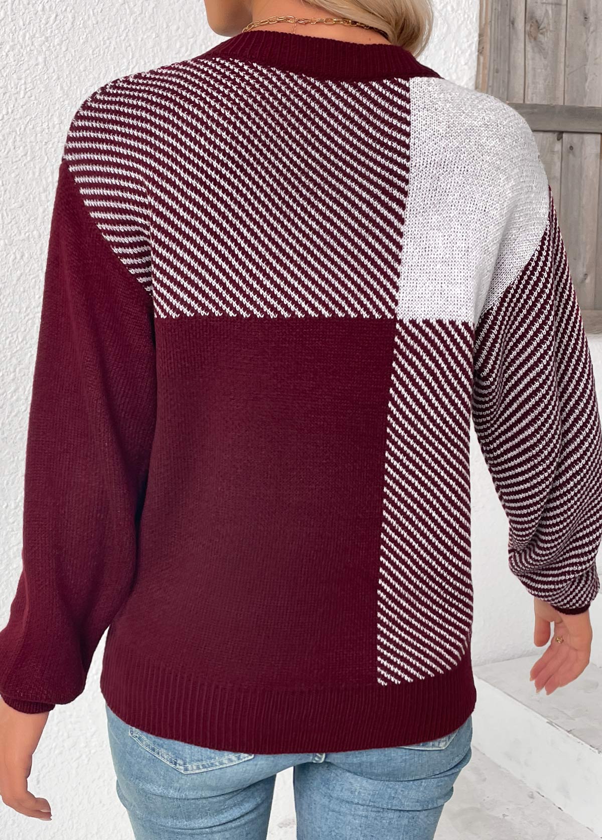 Deep Red Tummy Coverage Striped Long Sleeve Sweater | picture 