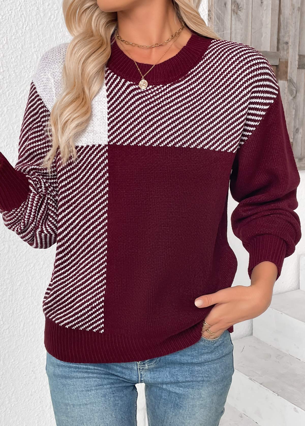 Deep Red Tummy Coverage Striped Long Sleeve Sweater | picture 