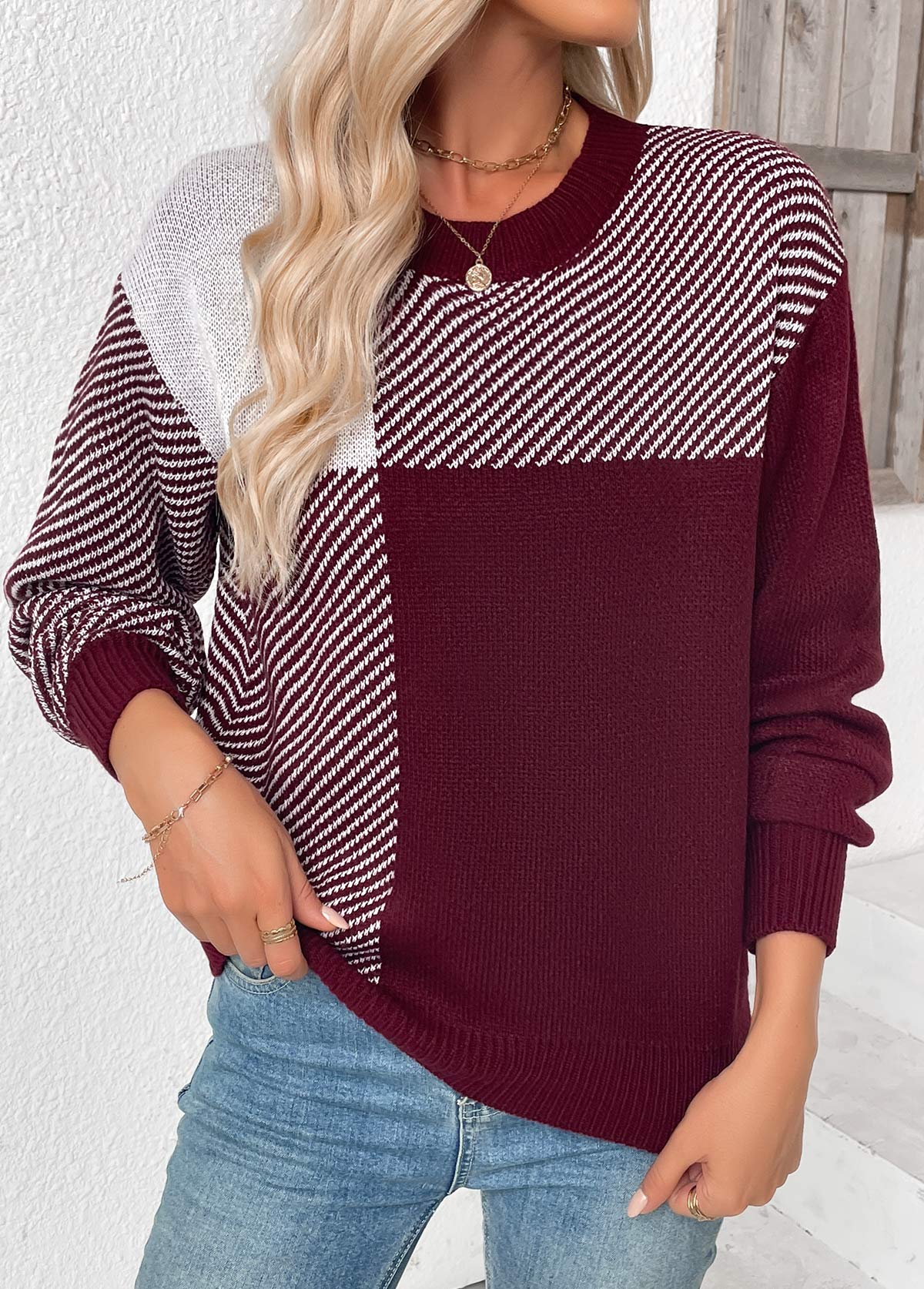 Deep Red Tummy Coverage Striped Long Sleeve Sweater | picture 