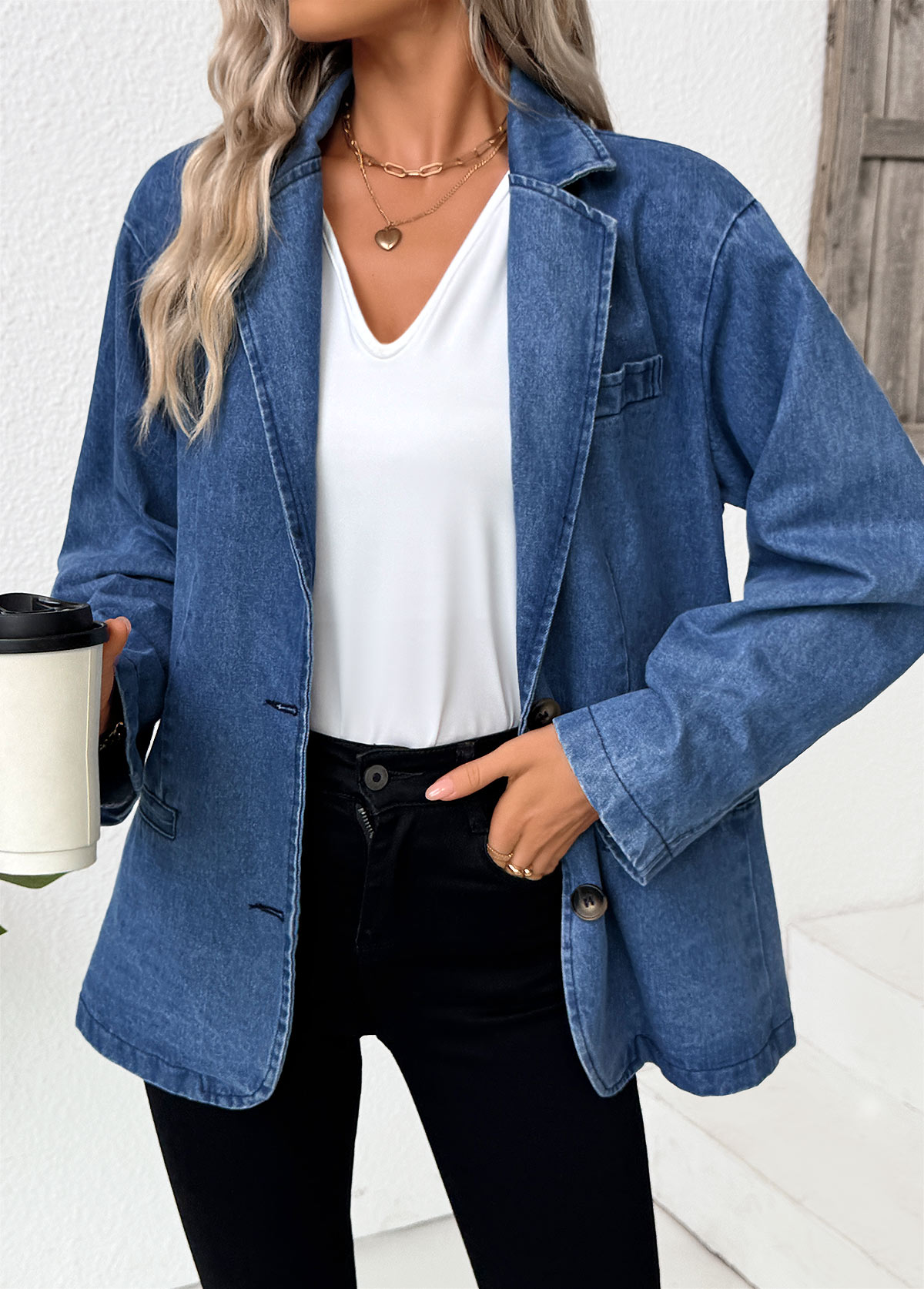 Denim Blue Tummy Coverage Long Sleeve Lapel Coat | picture 
