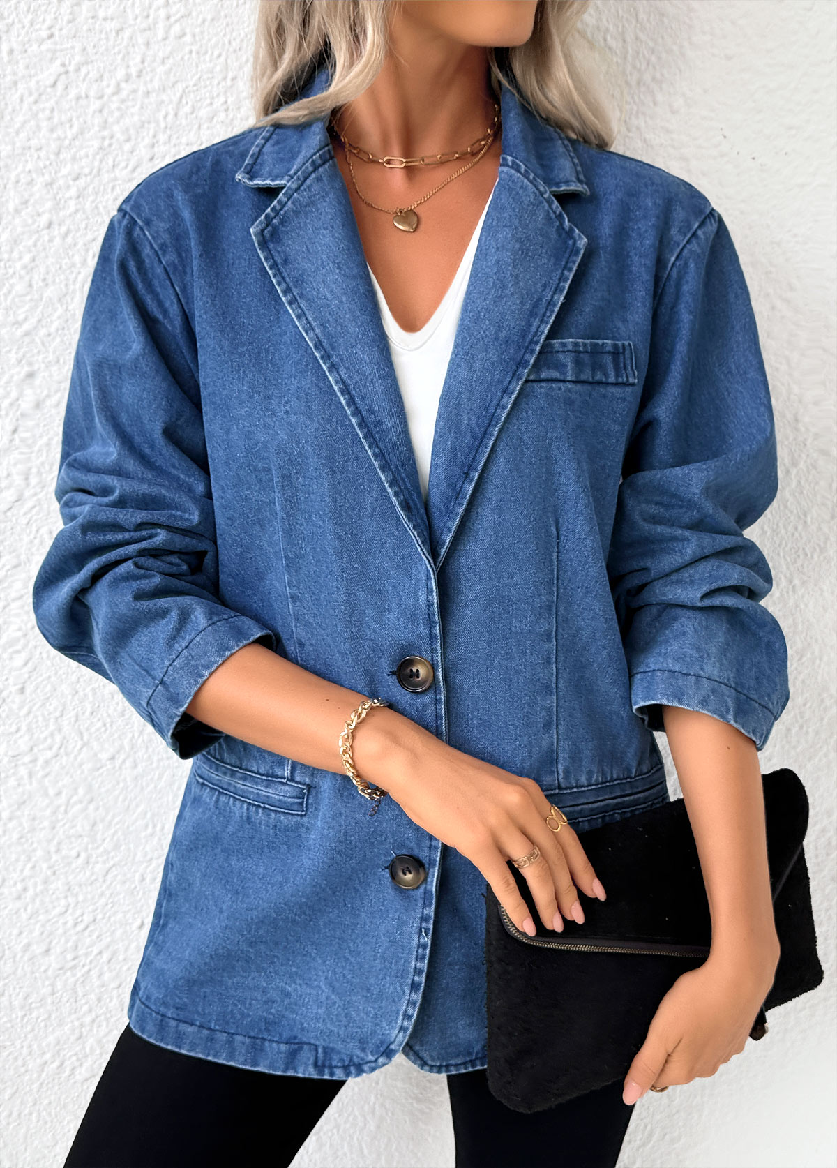 Denim Blue Tummy Coverage Long Sleeve Lapel Coat | picture 