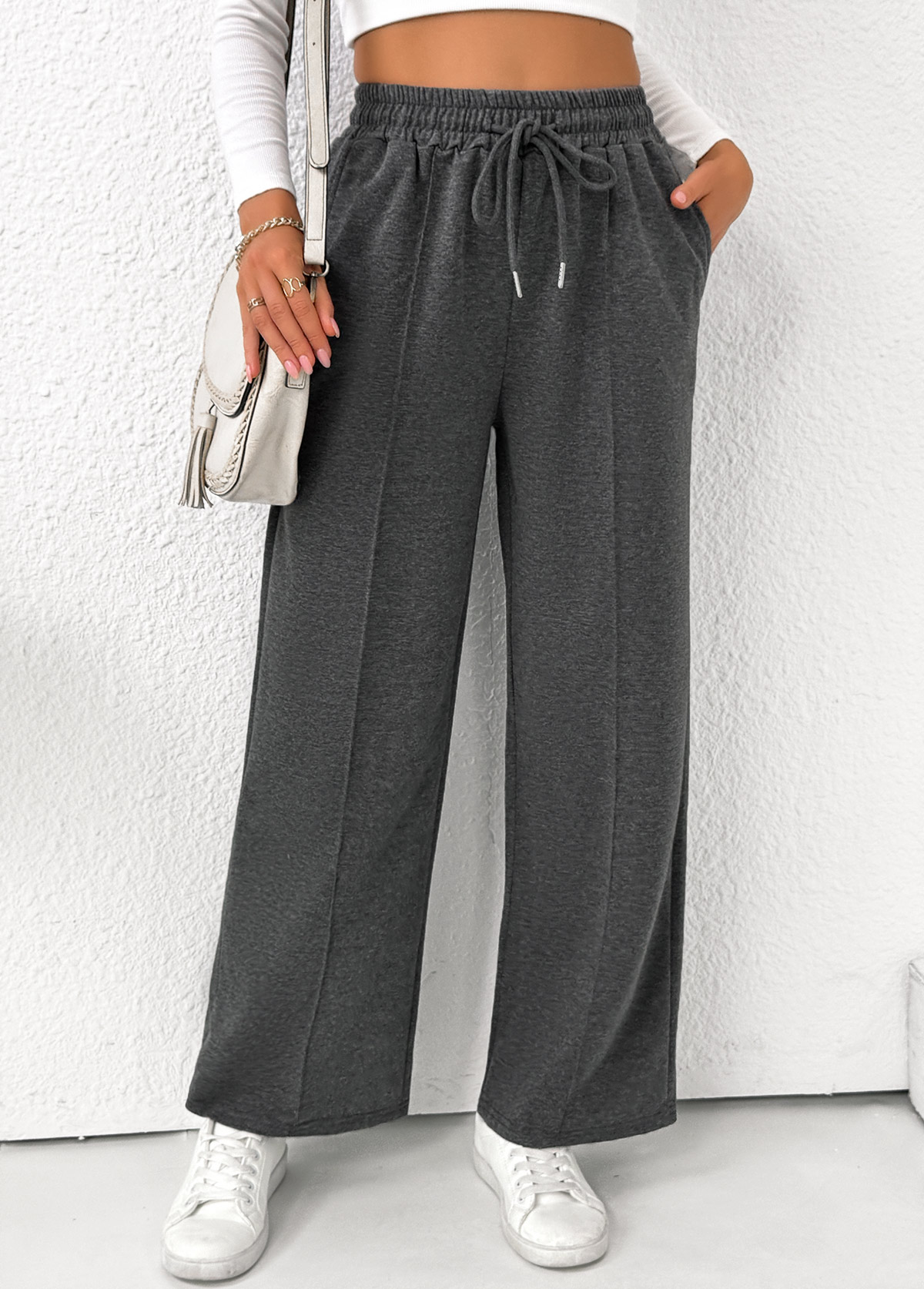 Dark Grey Marl Pocket Straight Leg Elastic Waist Pants | picture 